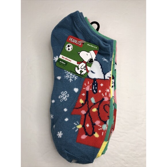 Peanuts Holiday No-Show Socks 6 Pair Shoe Size 4-10 by High Point Design - Picture 4 of 9